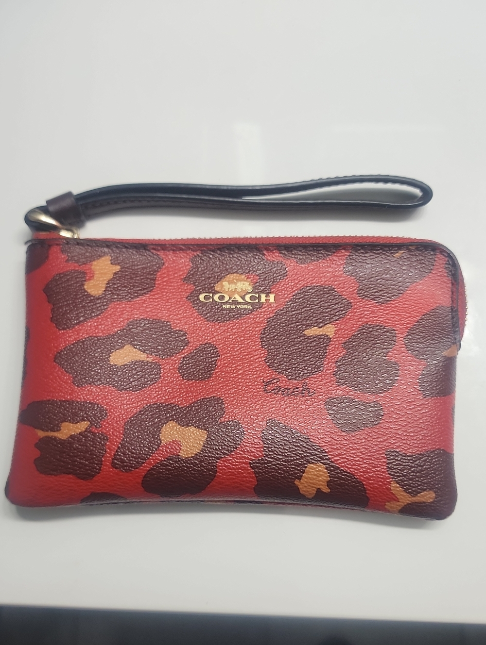 COACH Red Leopard Print Leather Wristlet with Brown & Tan Spots
